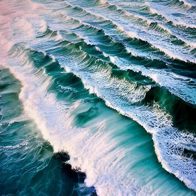 Aerial view of the ocean with waves bird\'seye view of turquoise\
sea