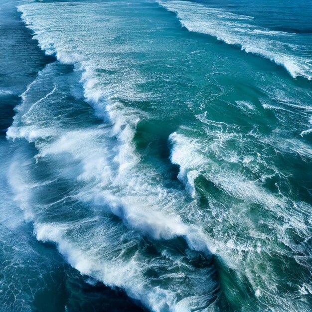 Aerial view of the ocean with waves Bird'seye view of turquoise sea