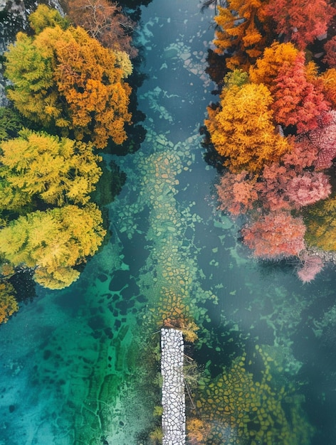 写真 樹木に囲まれた川のボートの空中画像