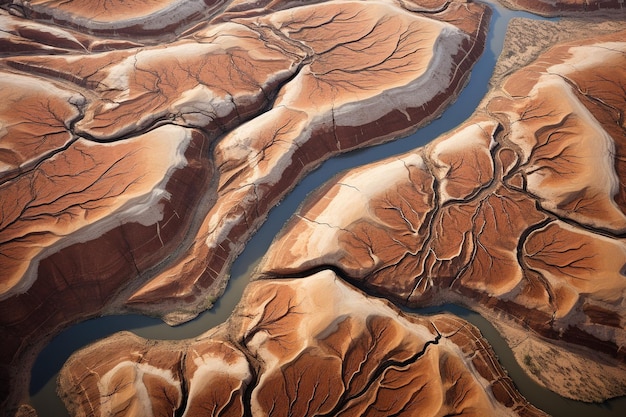 写真 水の侵食による深い線とパターンを強調する峡谷の空中写真
