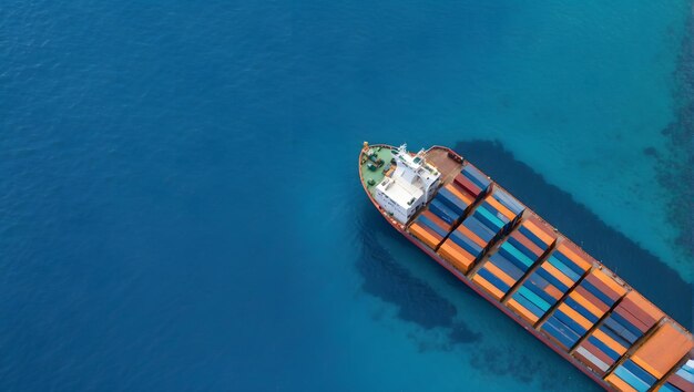 写真 海上のコンテナ貨物船の空撮