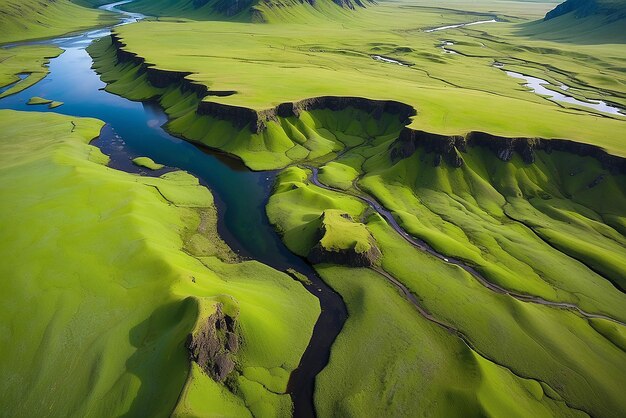 사진 아이슬란드 고원 에 있는 작은 강 이 있는 초록색 계곡 의 공중 사진