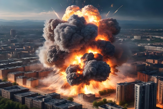 Фото Воздушный вид большого взрыва в городе cityscape с горящими зданиями