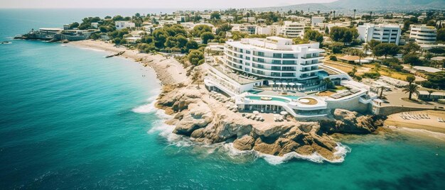 Фото Воздушный вид большого белого отеля, построенного на побережье средиземного моря