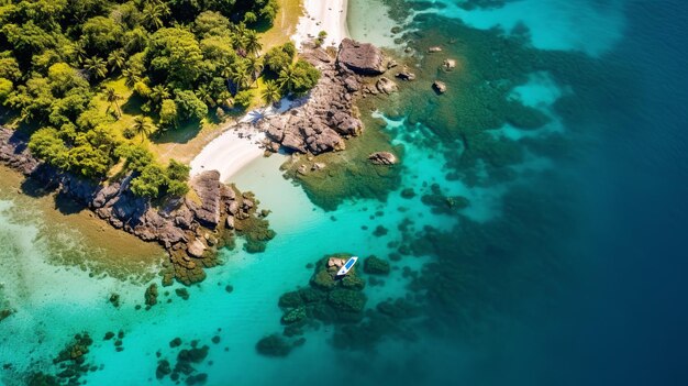 写真 孤立した熱帯のビーチの空中眺め 岩層とパームの島