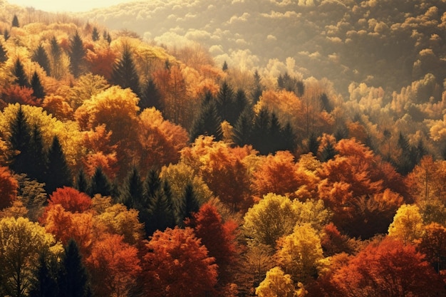 写真 活気のある秋の森の風景を空中から眺める