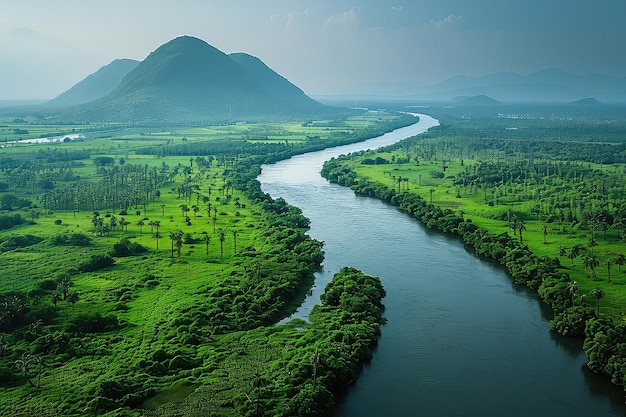 写真 熱帯雨林の中の曲がりくねった川の空中写真曲がる川が息を吐く静かな避難所