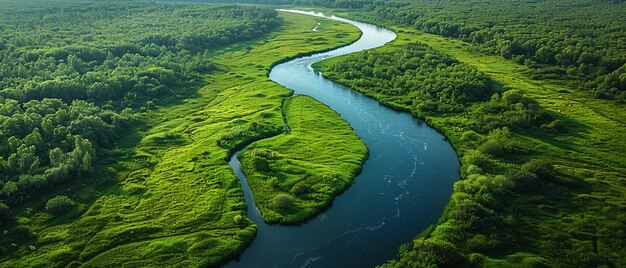 写真 緑豊かな風景の中の曲がりくねった川の空中景色