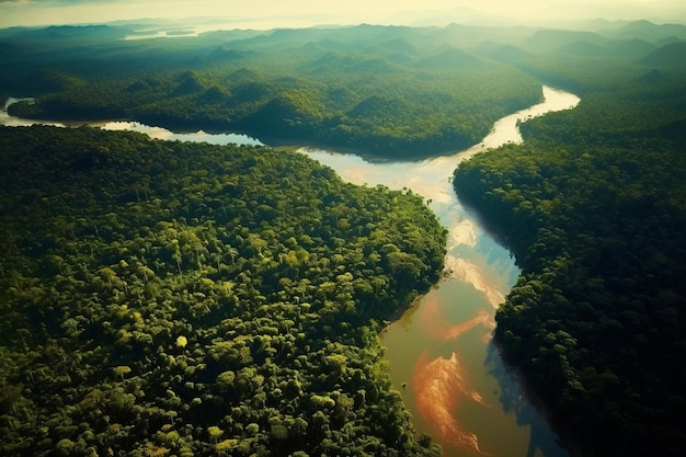 Фото Воздушный вид джунглей амазонского тропического леса с помощью искусственного интеллекта