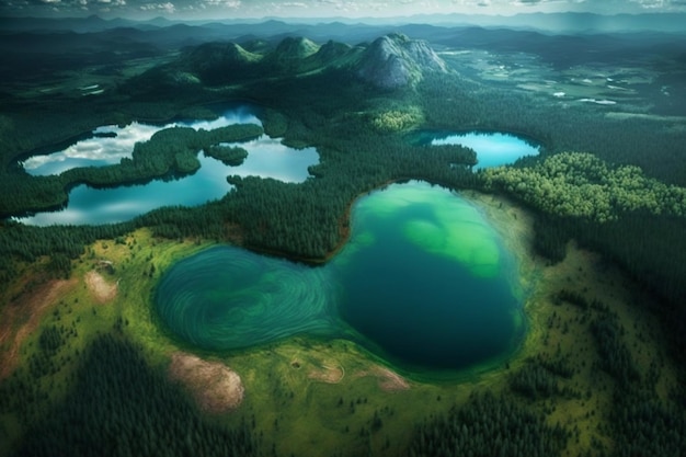 사진 푸른 호수와 푸른 숲이 있는 언덕의 공중 전망