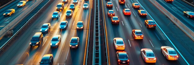 写真 滞した高速道路と滞中の車の空中写真