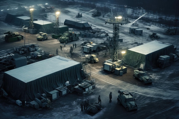 Фото Воздушный вид грузового терминала с кранами и грузовиками ночью мобильная военная база, где солдат-инженер передает воздушные снимки и данные с дрона в артиллерию