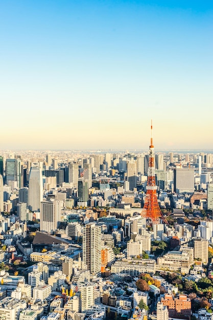 写真 夕暮れの晴れた空を背景にした都市風景の空中景色