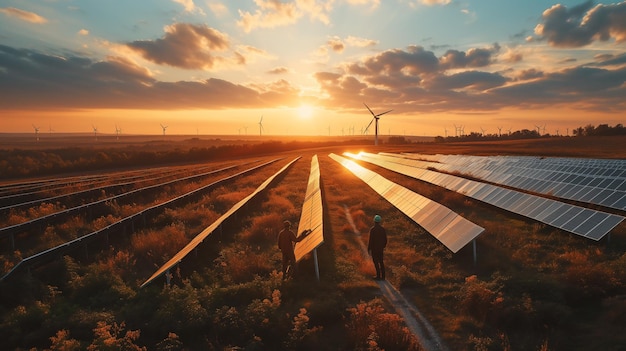 写真 グリーンで持続可能な未来のために再生可能エネルギーを生成するソーラー パネルと風力タービンの上に立っているエンジニアの空撮 green enregy generative ai