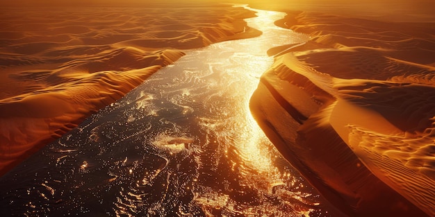 写真 黄金 の 砂漠 の 謎 の 黒い 川 の 空から の 眺め