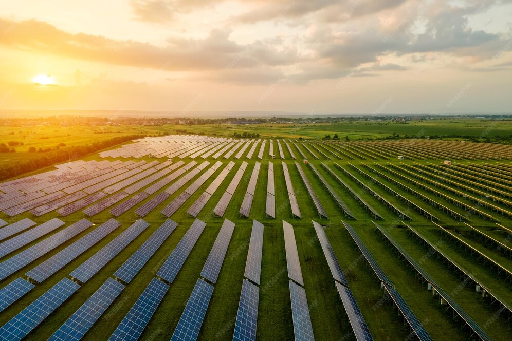 朝にクリーンで環境に優しい電気エネルギーを生産するための太陽光発電パネルが多数並んでいる大規模な発電所の航空写真 ゼロエミッションコンセプトの再生可能電力