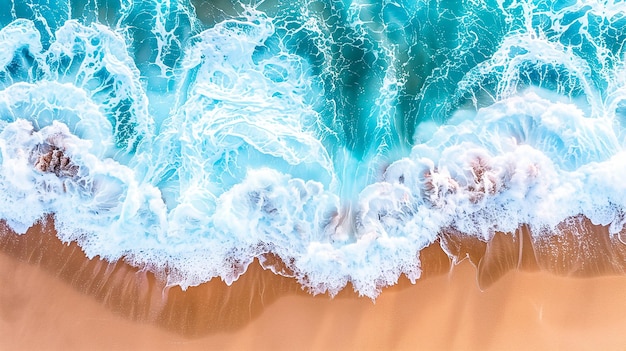 Фото Воздушный вид океанских волн, бьющихся о песчаный пляж фотография