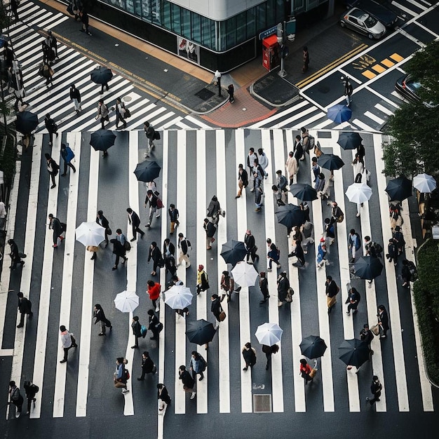 写真 東京の大きな交差点を横断する人々の空中写真