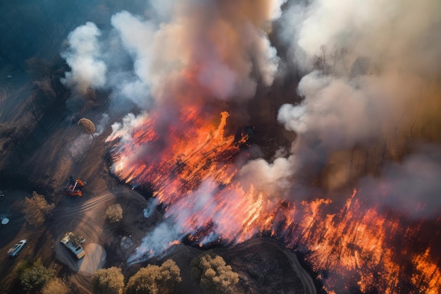 写真 燃え盛る山火事の空撮と全力装備で炎と闘う消防士