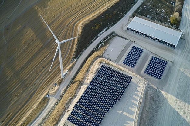 Фото Воздушный вид фермы возобновляемой энергии с ветряными турбинами и солнечными панелями