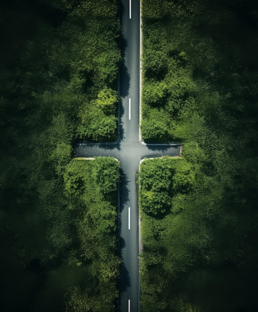 Фото Взгляд с воздуха на дорогу, проходящую через лес