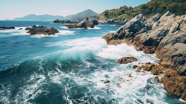 写真 海の波と幻想的な岩の多い海岸の空撮