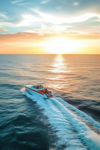 写真 夏の夕暮れの澄んだ青い水の中のスピードボートの空中景色