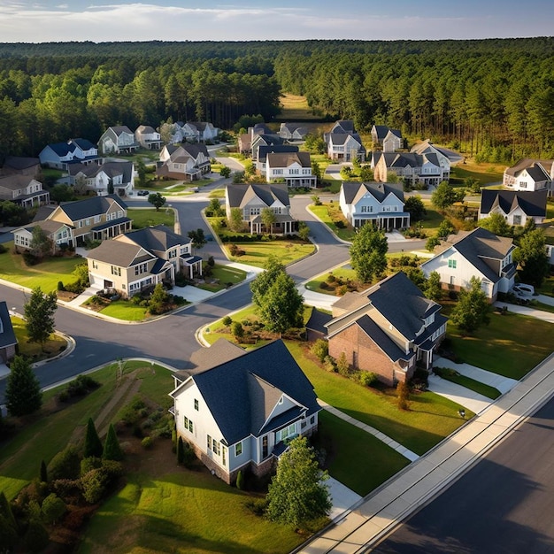 Фото Воздушный вид плотно расположенных новых семейных домов в пригороде южной каролины