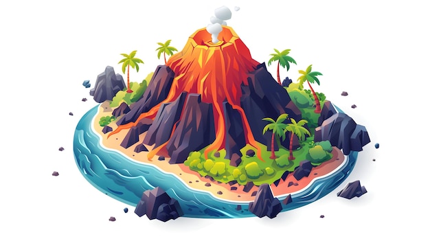 写真 活発な火山群島の空中景色 シンプルな平らなデザイン アイコンで様々な形成を示しています