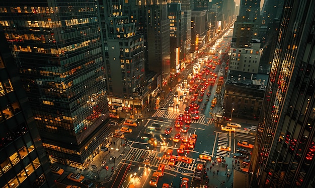 Photo aerial view of office buildings and traffic in downtown at night
