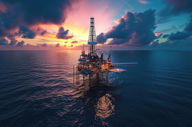 Photo aerial view offshore drilling rig jack up rig at the offshore location during sunset