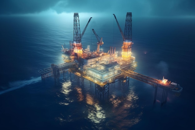 Aerial view of Offshore oil and gas rig construction station platform on the sea Industry searching for fuel and energy extract process petroleum and natural gas at ocean beneath seabed