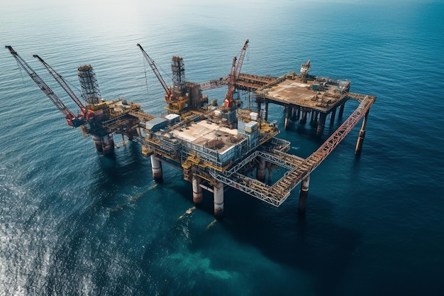 Aerial view of Offshore oil and gas rig construction station platform on the sea Industry searching for fuel and energy extract process petroleum and natural gas at ocean beneath seabed