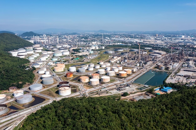 Aerial view oil and gas chemical tank with oil refinery plant  business and industry power energy chemical barrel. for Transportation in Thailand