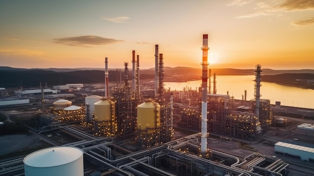 Aerial view of Oil and gas industry refinery Shot from drone of Oil refinery and Petrochemical plant at twilight