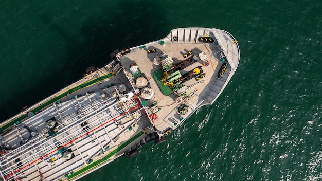 Aerial view oil and gas tanker petrochemical offshore in open\
sea refinery industry cargo ship oil product tanker at sea view\
from above aerial view oil tanker ship vessel