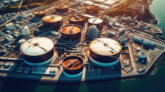 Aerial view oil and gas terminal storage tank farm