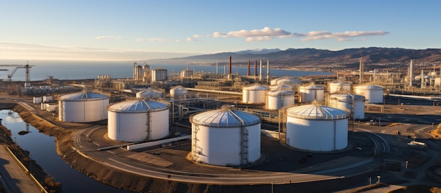 Aerial view oil and gas terminal storage tank farm