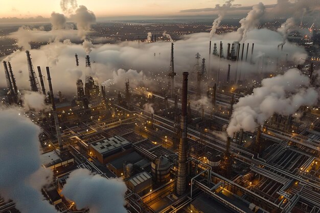 Aerial view of an oil refinery at dusk with towering structures and pipelines illuminated energy sec