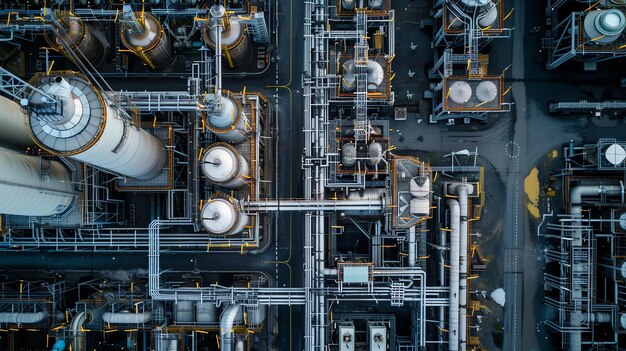 Photo an aerial view of an oil refinery at night the image is dark and moody with the only light coming from the flames of the refinerys flares