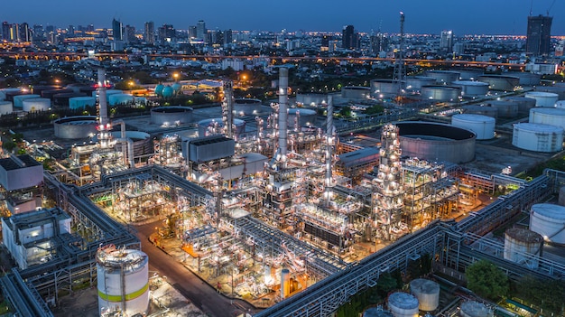 Aerial view oil refinery, refinery plant, refinery factory at night.