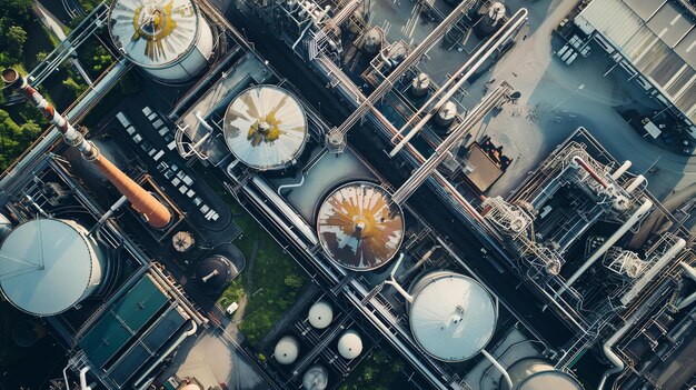 Photo an aerial view of an oil refinery with storage tanks pipes and other industrial equipment