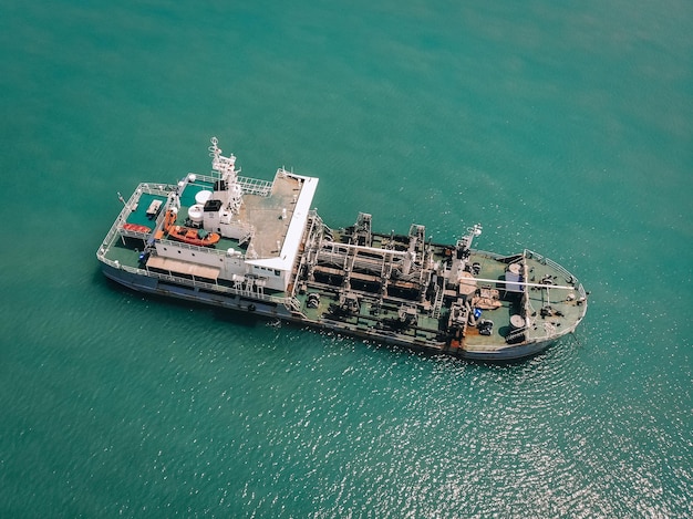 Aerial view of the oil tanker in blue waters, fuel, industry; vessels  concept.