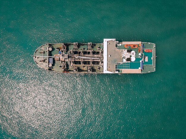 Aerial view of the oil tanker in blue waters, fuel, industry; vessels  concept.