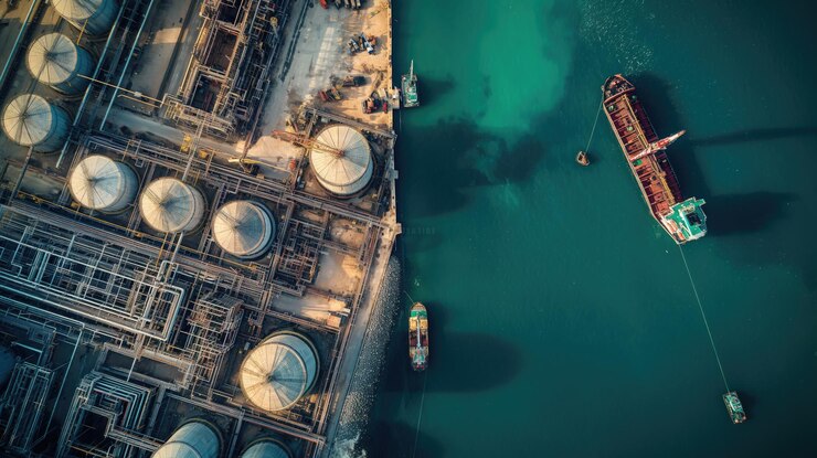 Aerial view oil terminal construction with industrial crane port facility for storage oil
