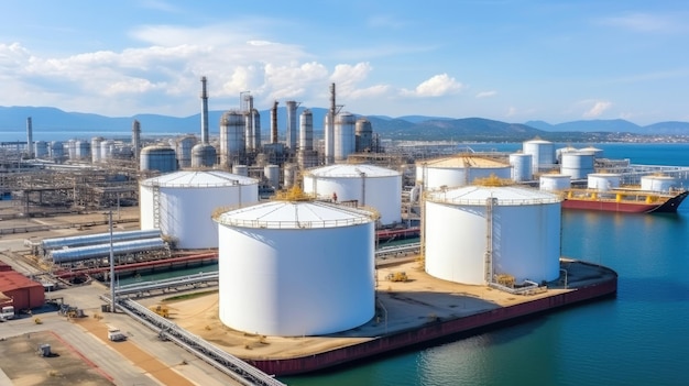 Aerial view oil terminal storage tank White oil tank storage chemical petroleum petrochemical refinery product at oil terminal Business commercial trade fuel energy transport by tanker ship vessel