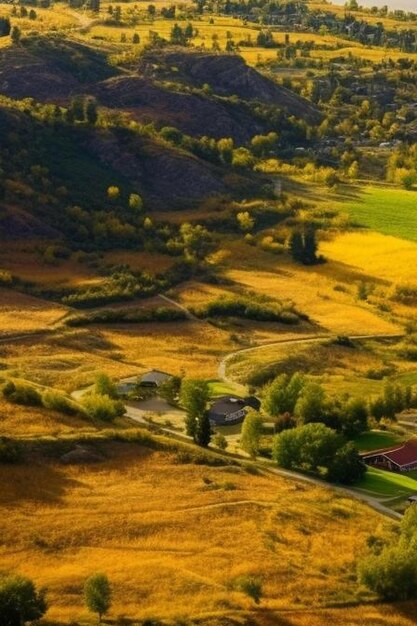 Photo aerial view of okanagan lake with farm lands and mountain landscape