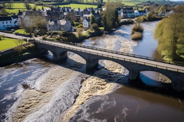 aerial view of an old bridge across a fast flowing river