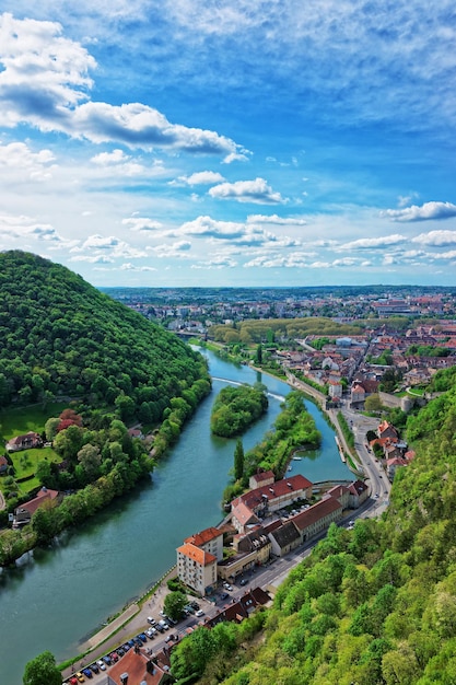 Aerial view on the old city from the citadel in Besancon in Bourgogne Franche Comte region, France.