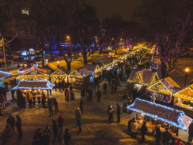 Aerial view of old city square with christmas festival
